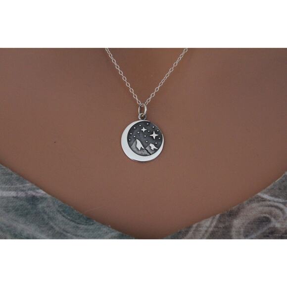 Sterling Silver Snow Cap Mountain Charm with Moon Necklace - Picture 1 of 2